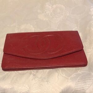 CHANEL Red Leather Caviar Clutch / wallet